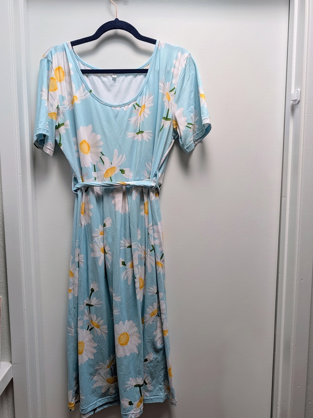 Light Blue Daisy Print Women's Maternity Dress with Tie Waist